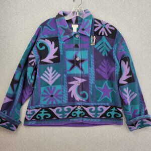 Vtg 90s Sigrid Olsen Button Up Fleece Large Purple Green Black Artsy Art to Wear